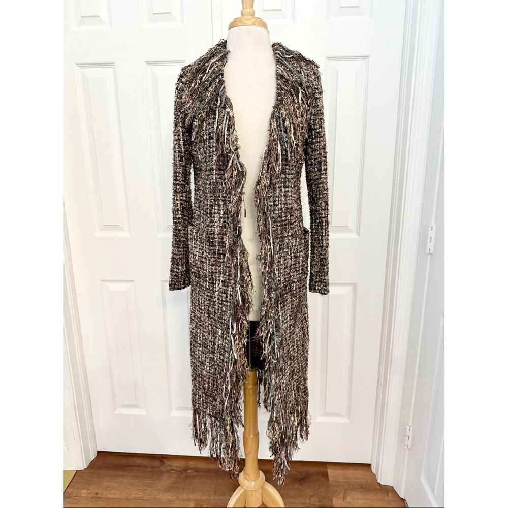 Boston Proper Womens Cream Tan Long Fringe Tweed Woven Duster‎ Jacket Size Small
